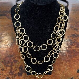 Elegant Hammered Gold Tone Circle Chain 3 Strand Necklace 15” Length